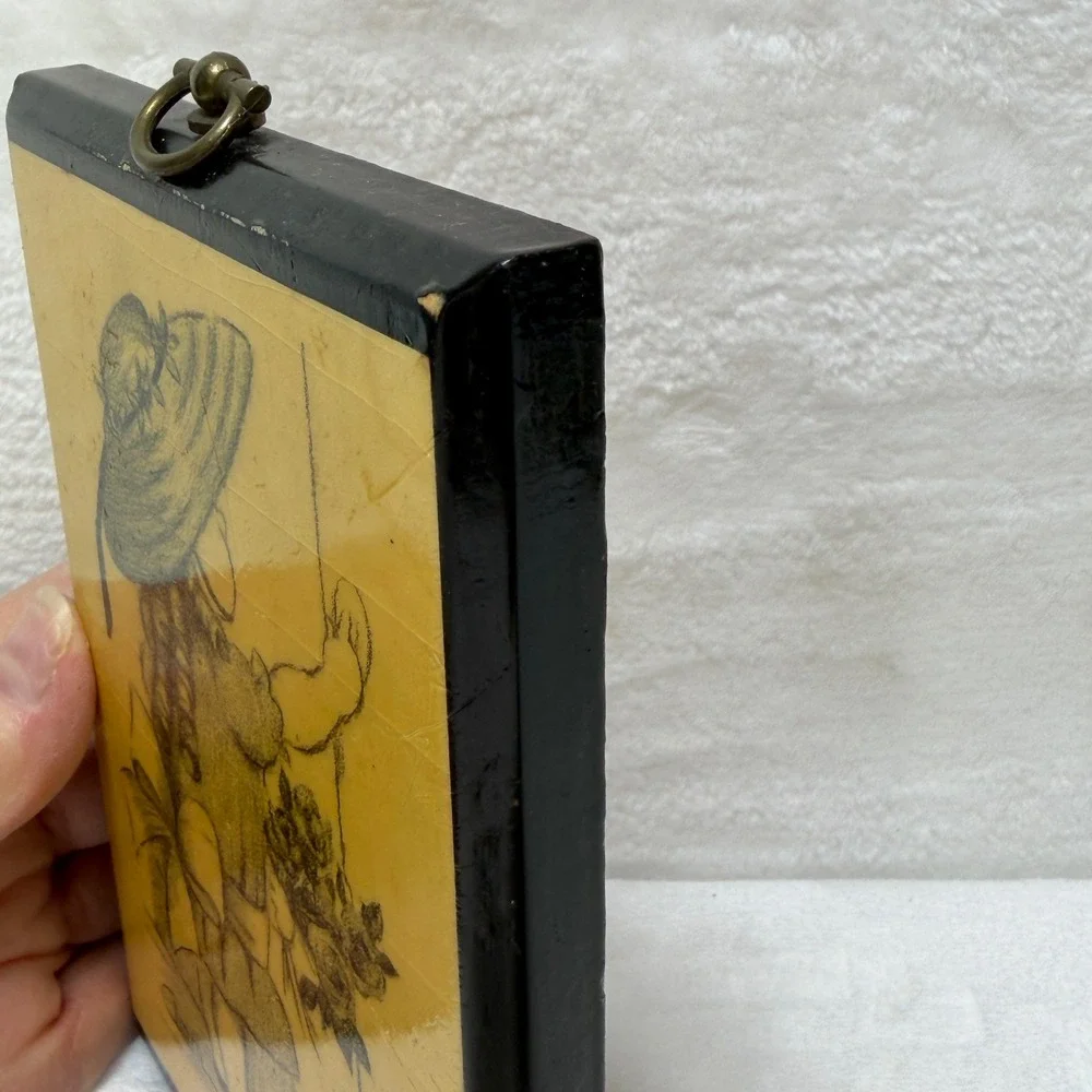 Vintage 1972 Ann Adams Wood Plaque Decoupage Girl in Sun‎ Hat Sketch Wall Art